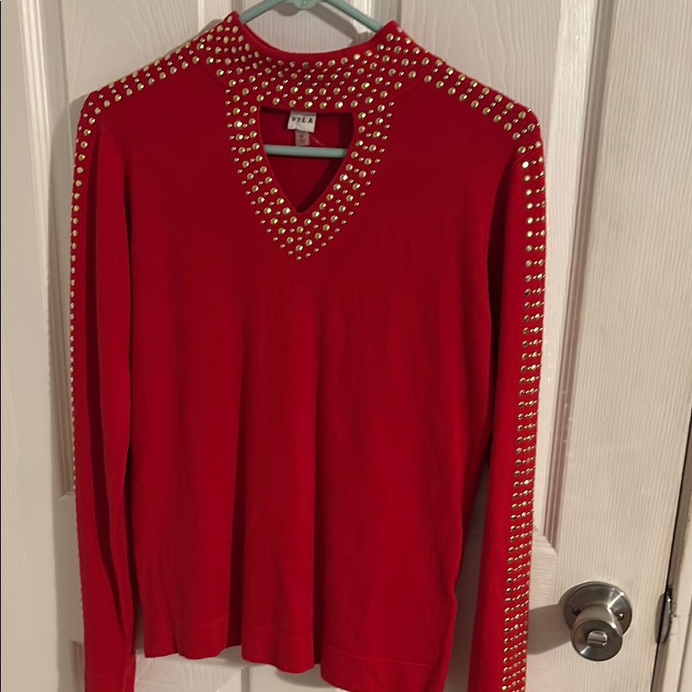 VILA Red Studded Crew Neck Sweater